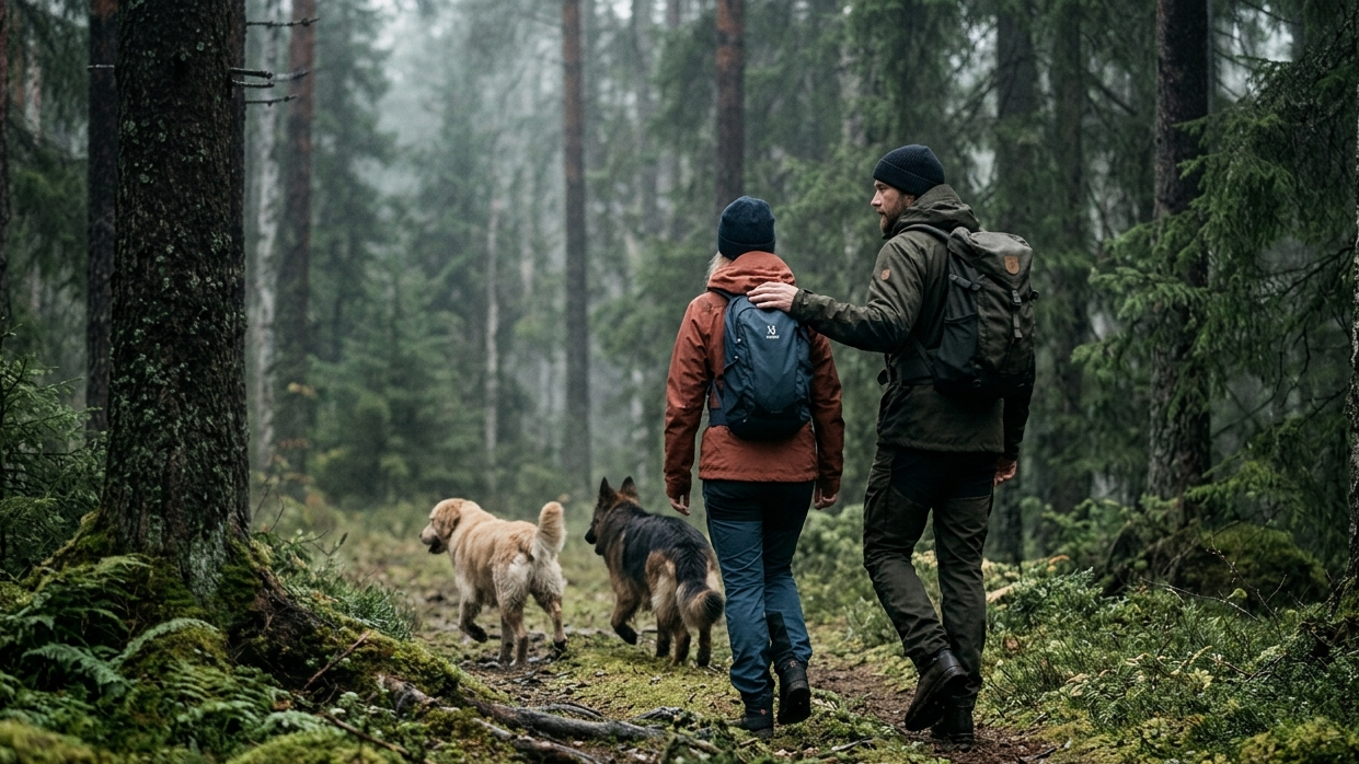 Two people walking with two dogs through a forest on a foggy day